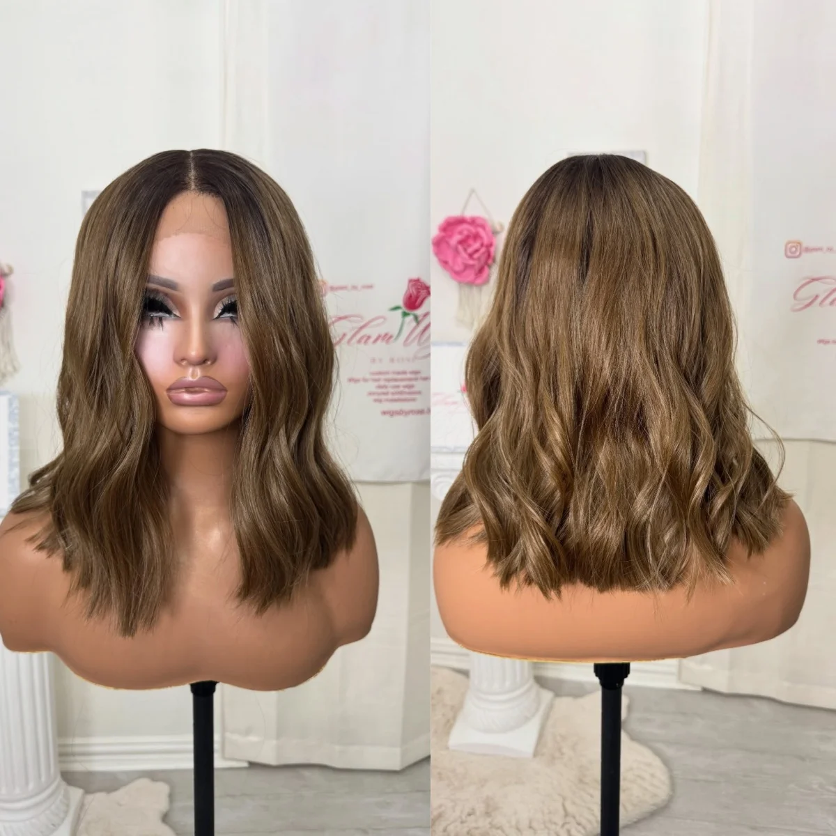 16 Inches Ombre Caramel Brown Highlights Glueless Wigs Synthetic Hair Middle Parting Natural Wave 13*4 HD Transparent Lace Wigs