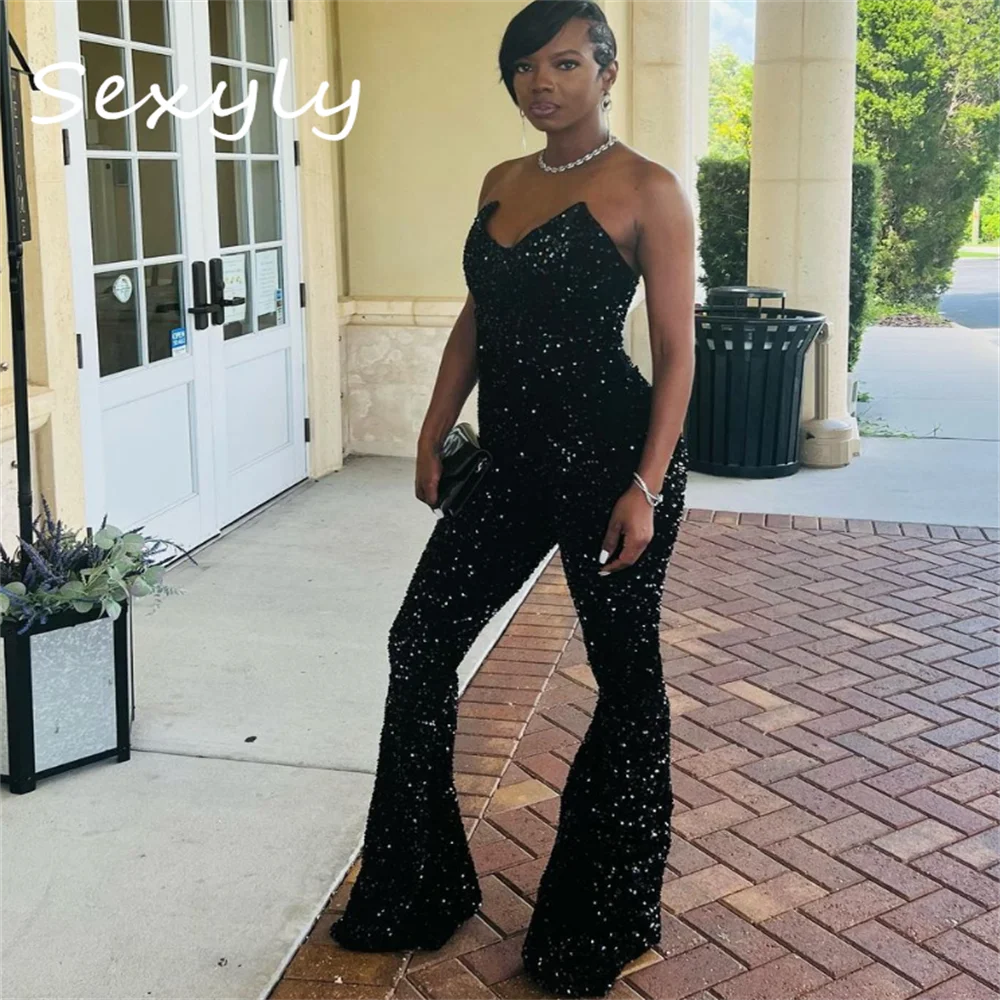 Sequin Jumpsuit Black Girls Prom Dress Sweetheart South African Women Formal Party Gowns 2023 Sparkle Formal Dinner Dance Dress