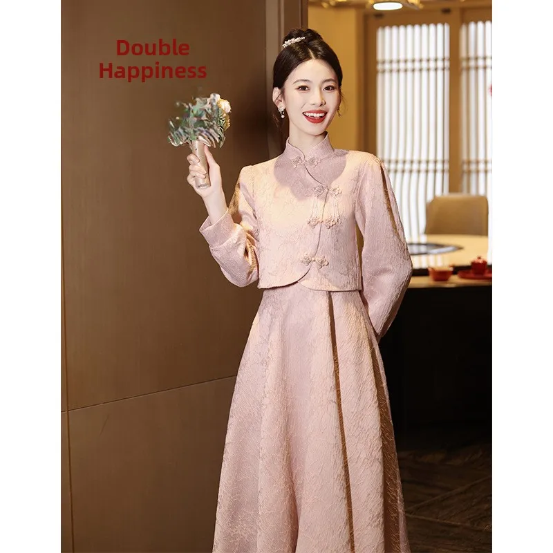 

Pink Wedding Dr Two-Piece Set New Chinese Sle Bridal Gown for Return Visit ter Wedding Long Sve Faionable