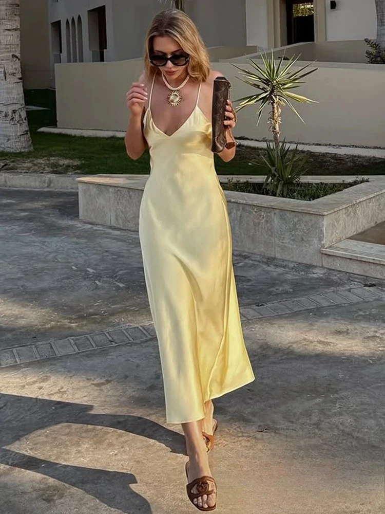 KONDALA Sexy Yellow Satin Long Summer Party Dress Women V Neck Backless Cami Straight Dress Fashion 2025 Spring Summer Dress