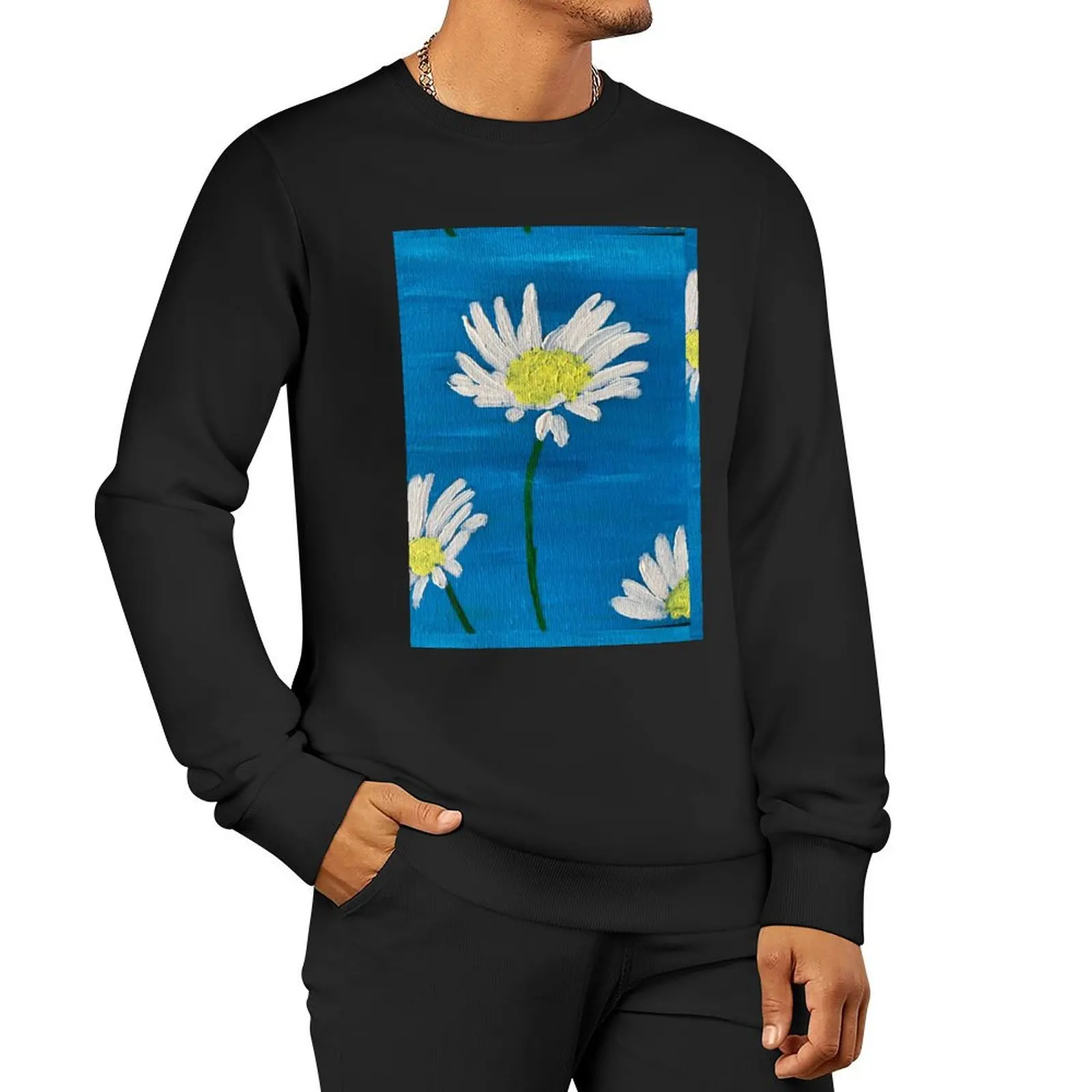 White daisies on blue Pullover Hoodie men's coat korean autumn clothes graphic sweatshirts