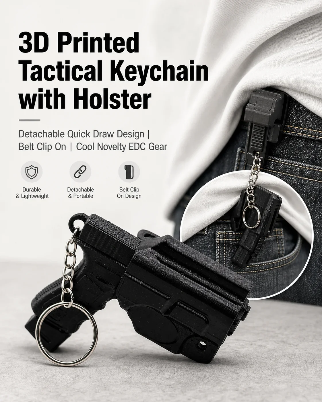3D Printed Tactical Mini Pistol Keychain with Detachable Holster Belt Clip EDC Gear Novelty Gift for Men Gun Lovers