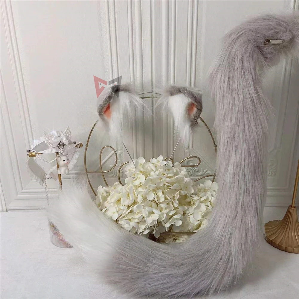 New Gray Scottish Fold Cat Ears Hairhoop Tail Necklace Cosplay Carnaval Gothic Lolita Acessories Headwear