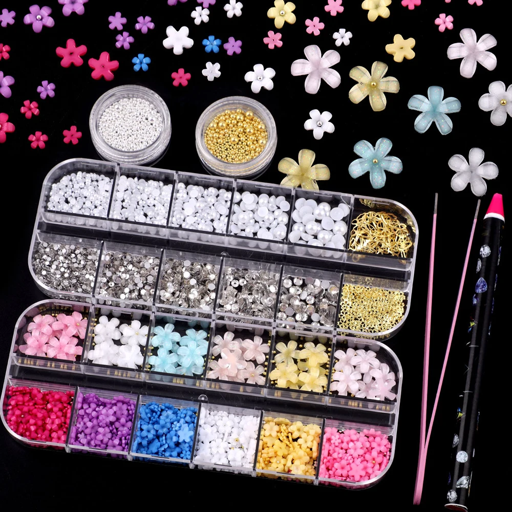 

4 Boxes 3D Flower Pearl Nail Charms Colorful 5-Petal Flower Gems Nail Rhinestones with Wax Pencil & Tweezers DIY Manicure Crafts