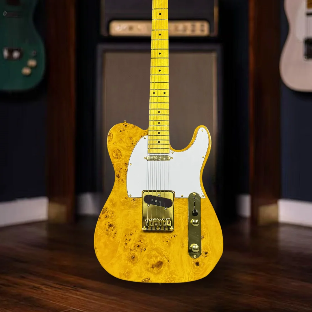 

Tele Guitar, Burl Maple Top, Yellow Color, Body, Maple Fingerboard, Single Binding, 6Strings Electric Guitar