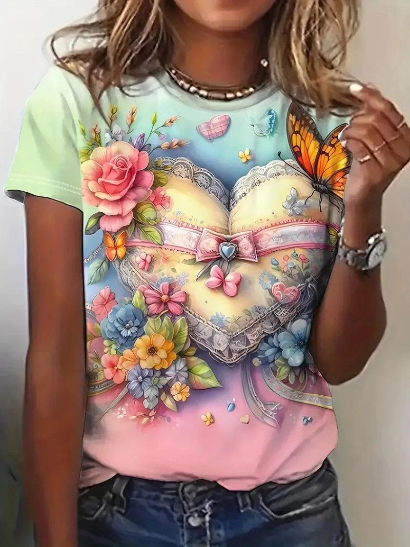 

Женская футболка с короткими рукавами в форме сердца и цветочного принта размера PLUS, свободная и повседневная, мягкая и удобная, дышащая