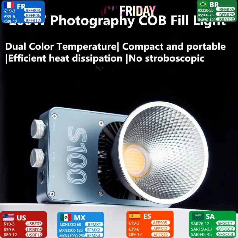 S100 100W Photographic Camera Light Dual Color COB Fill Lights For Outdoor Mini Size CRI96 Dimmable Portable Handheld Fill Light