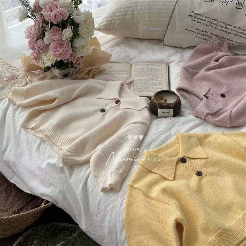 

Sweater Autumn Winter Boys and Girls Korean and Japanese Style Turn-down Collar Solid Color Pullover Knitted Sweater Children's