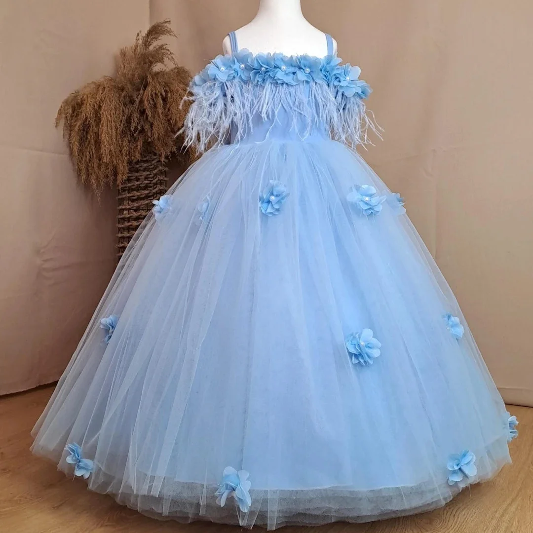 

Customized Sky Blue Flower Girl Dress Tulle Flowers With Bow Short Sleeve For Wedding Birthday Evening Banquet Princess Gown