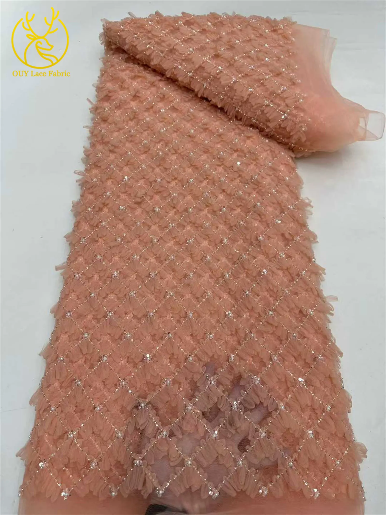 Lila Flieder 3D-Spitzenstoff 2026 Hochwertiger Afrikanischer Pailletten-Perlen-Spitzenstoff für Damen-Abendkleider Nähen 5 Yards – Detail 9