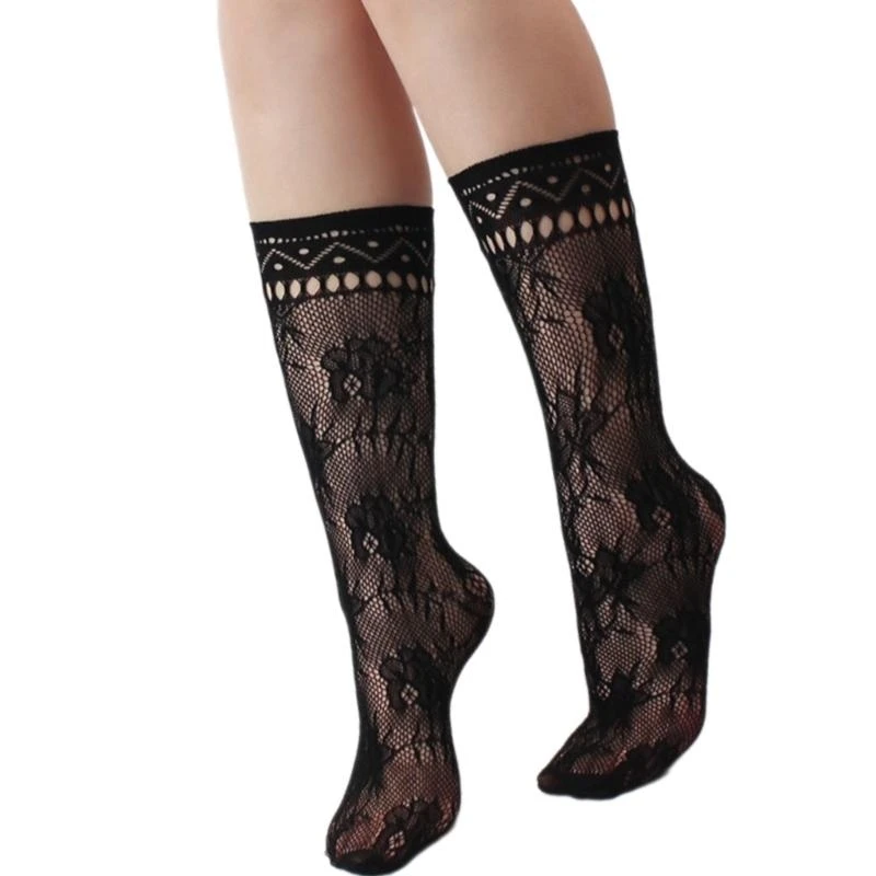 

Womens Nylon Black Middle Calf Socks with Elegant Hollowout Patterned