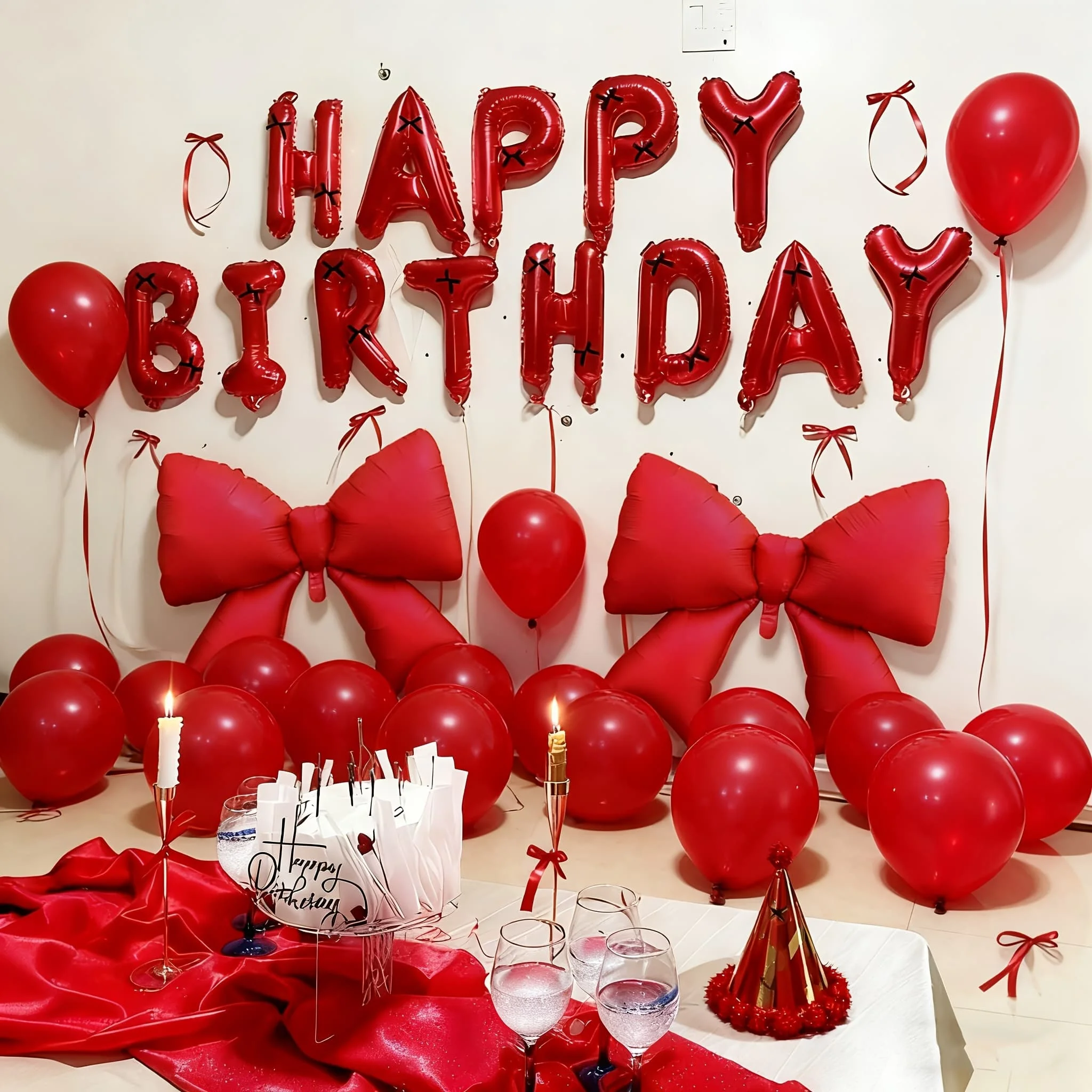 Rotes Happy Birthday-Ballon-Set mit Schleife, Aluminiumfolienballon für Geburtstagsfeiern und Festivals, Innen- und Außendekoration