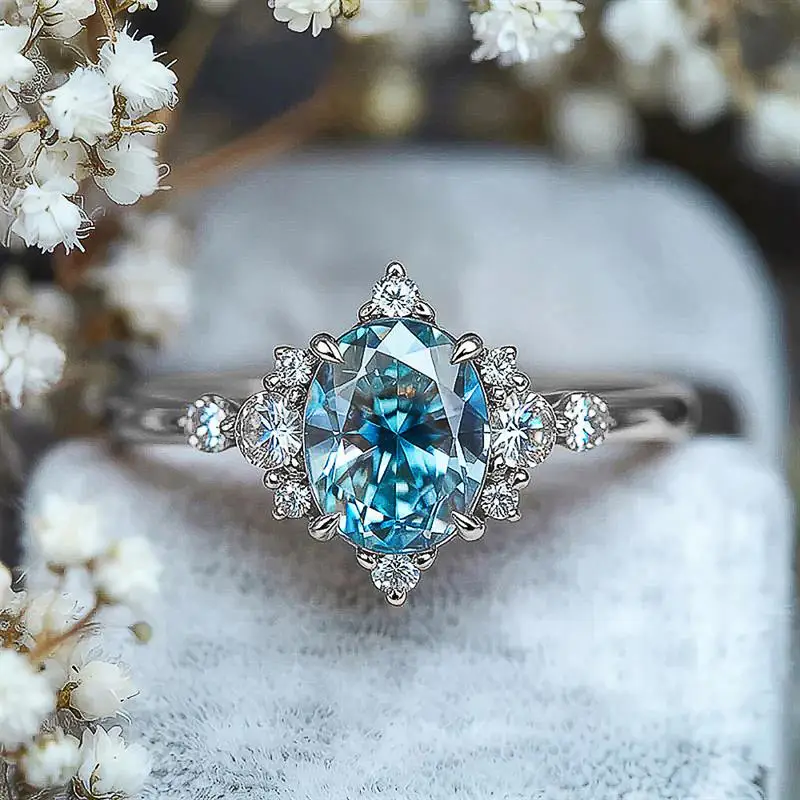 Huitan Eleganter Damenring für Hochzeit, Verlobung, luxuriös, mit hellblauem CZ-Stein, Party-Accessoires, zarter Damenschmuck, Geschenk – Detail 8