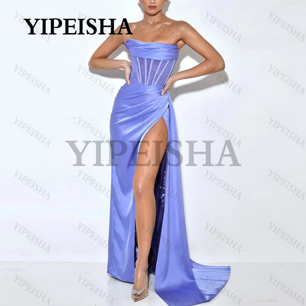 Robe de soirée trapèze en Satin bleu ciel, tenue de bal longue Simple, avec traîne et bretelles Spaghetti, manches cape