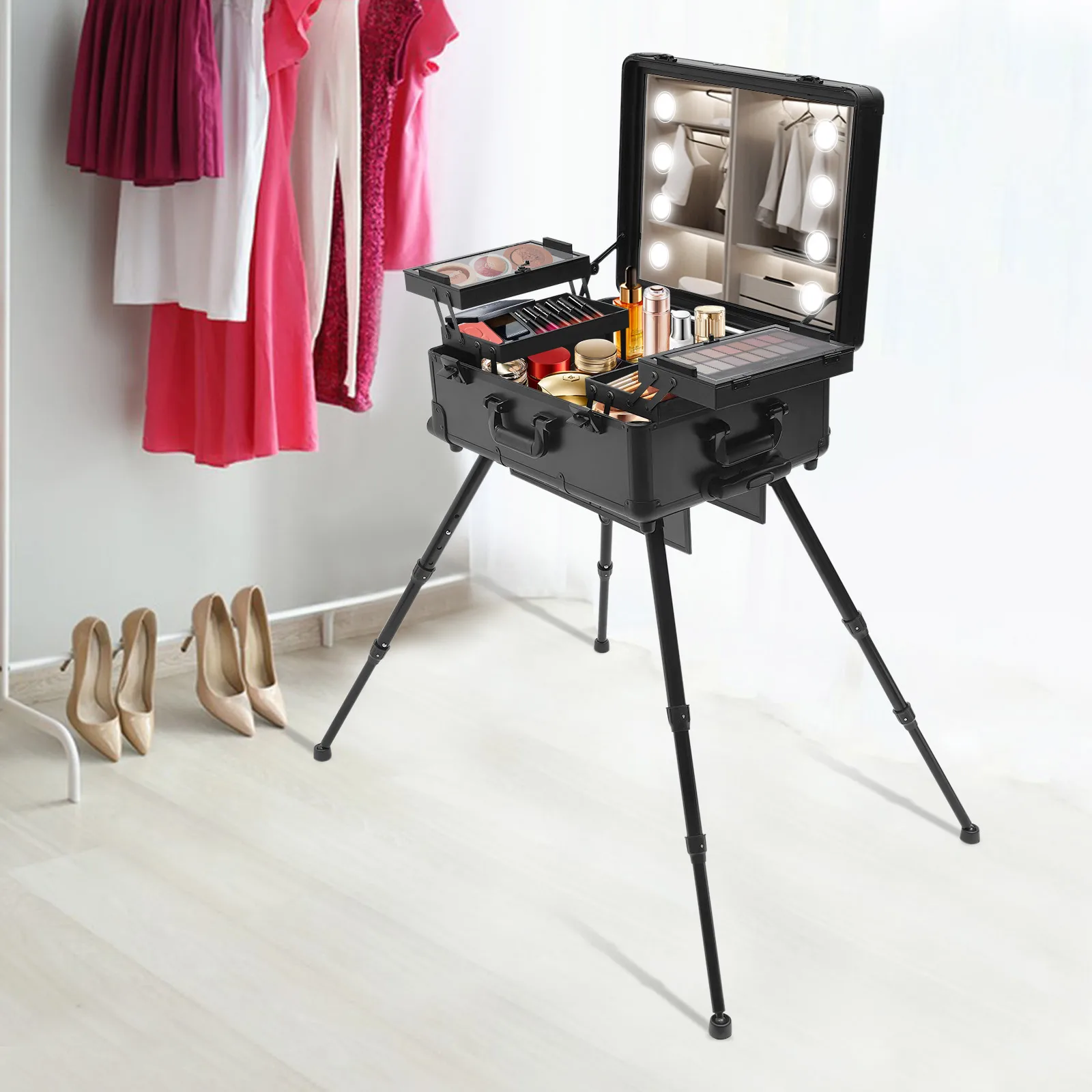 Maleta de Maquillaje, Maleta de Maquillaje de Aluminio de Gran Capacidad de 3 Capas con Luz, Maleta de Maquillaje con Ruedas para Peluquería y Arte de Uñas con LED de 12V, Negra, con 4 Patas de Soporte para Belleza, Tatuajes y Suministros de Uñas
