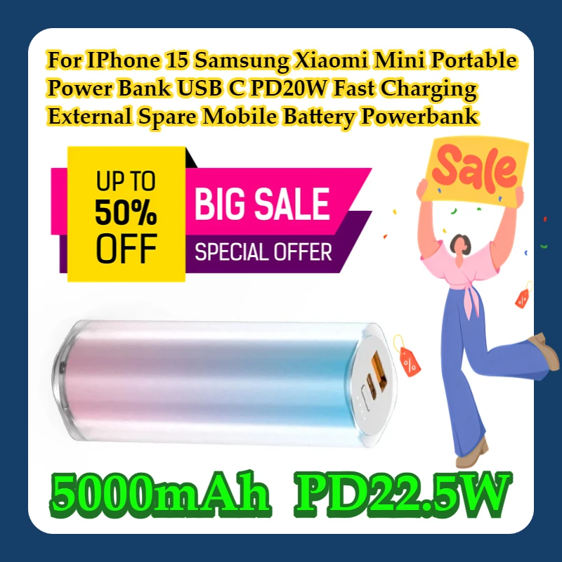 

For IPhone 15 Samsung Xiaomi 5000mAh Mini Portable Power Bank USB C PD20W Fast Charging External Spare Mobile Battery Powerbank