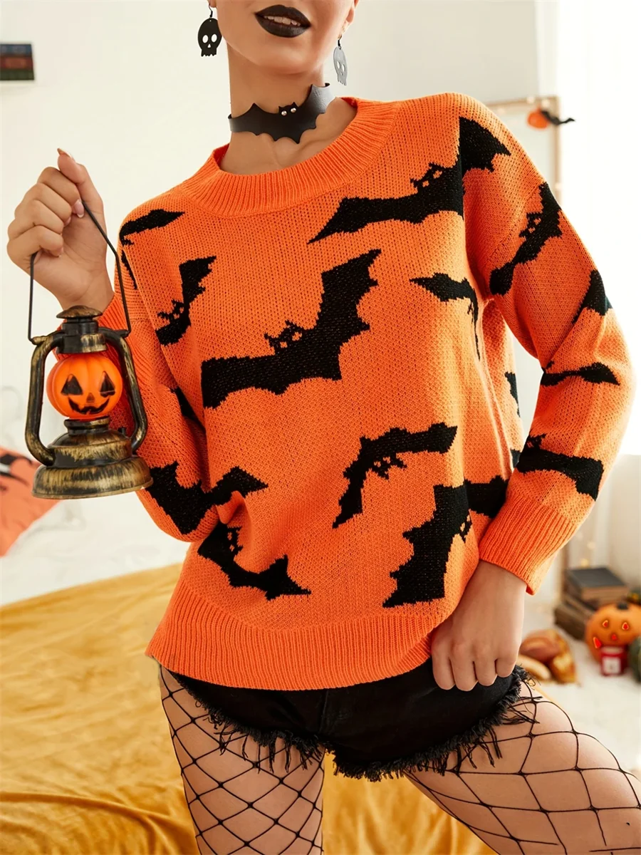 Women Halloween Sweater Long Sleeve Crew Neck Bats Pullover Warm Sweater for Fall Winter