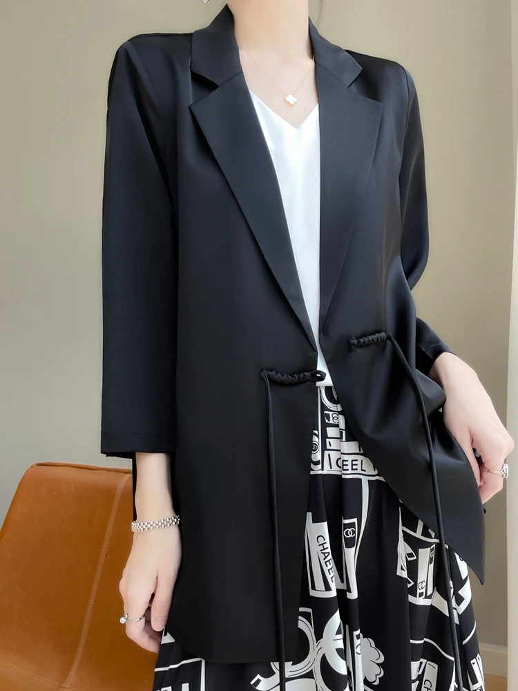 Sommer Neue Sle frauen Anzug Jaet V-Ne Belted Svel Satin Acetat Faionable Lose Fit Reine Farbe Vielseitig