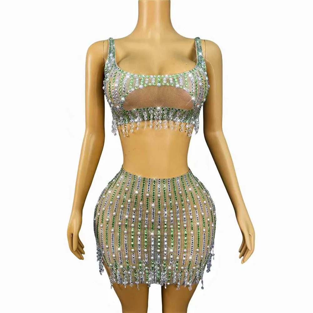 

Luxurious Flashling Rhinestones Pearls Tank top Skirt Split Dress Set Singer Dancer Performance Party Celebrate Show Stage Wear