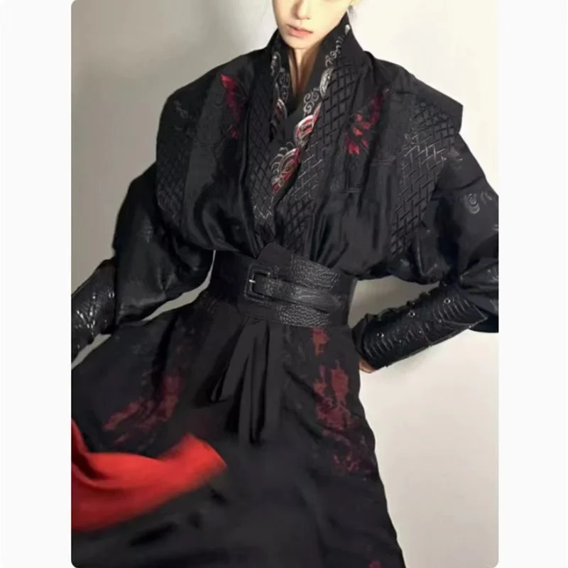 

Original Men's Dark Embroidery Hanfu Traditional Tang Dynasty Cross Collar Beizi Skirt Stylish Night Swordsman Cosplay Clothing