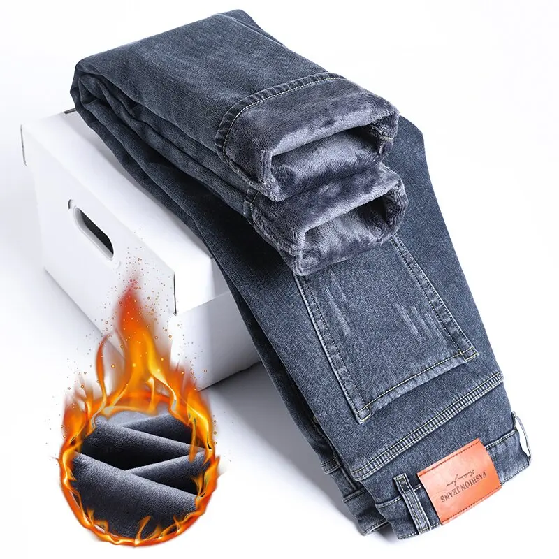 Celana Jeans Pria Berkualitas Tinggi, Model Lurus, Elastis, Warna Solid Modis Musim Dingin, Berbahan Fleece Tebal dan Hangat, Cocok untuk Olahraga Kasual