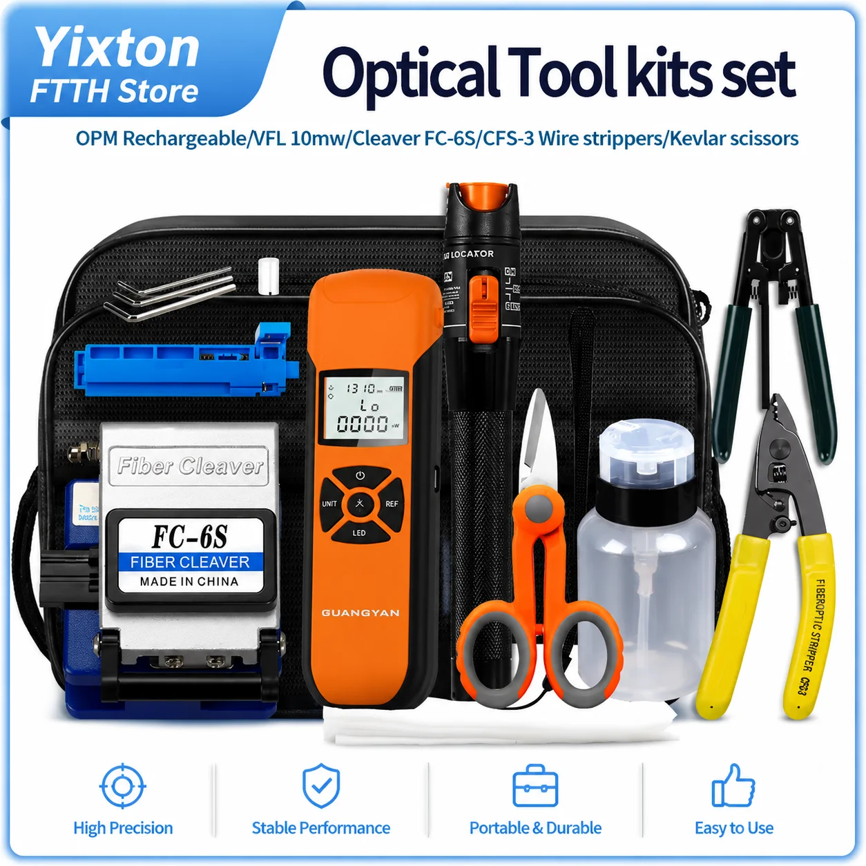ftth-fiber-tool-kit-fc-6s-fiber-cleaver-g10-opm-vfl-10mw-visual-fault-locator-stripper-kevlar-scissors-installation-tools