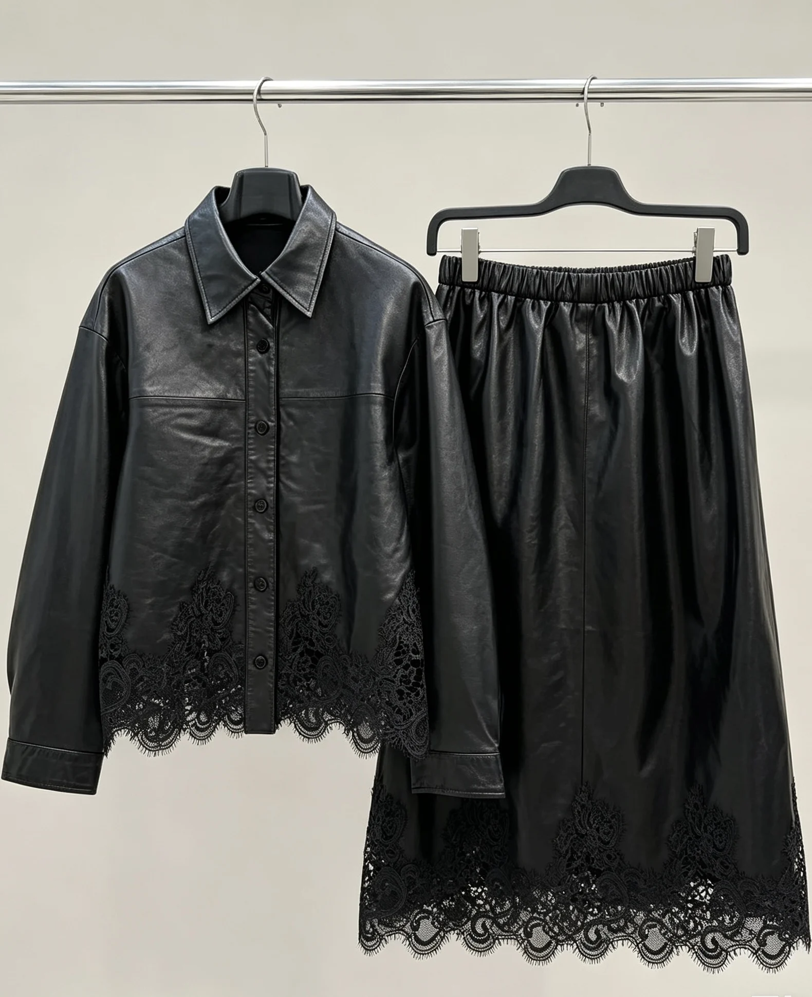 Vintage Scalloped Lace Hem Vegan Leather Two Piece Matching Set Collared Shirt & Elastic Waist Mid-Length Skirt for Ladies