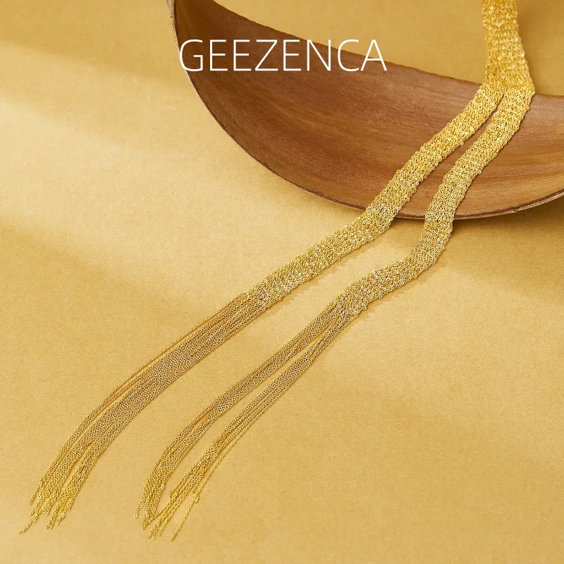 

GEEZENCA Real 925 Silver 18K Gold 1M Mesh Chain Woven Scarf Long Necklace For Women Italy Luxury Trendy Personalized Dainty Gift