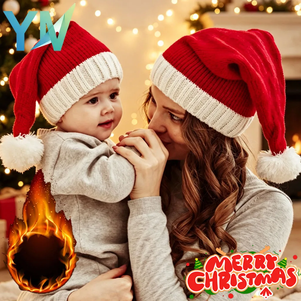 1-0PCS Winter Party Costume Photo Family Tree Fireplace Window Display Knit Warm Cozy Thick Soft Santa Hat Mom Baby Matching