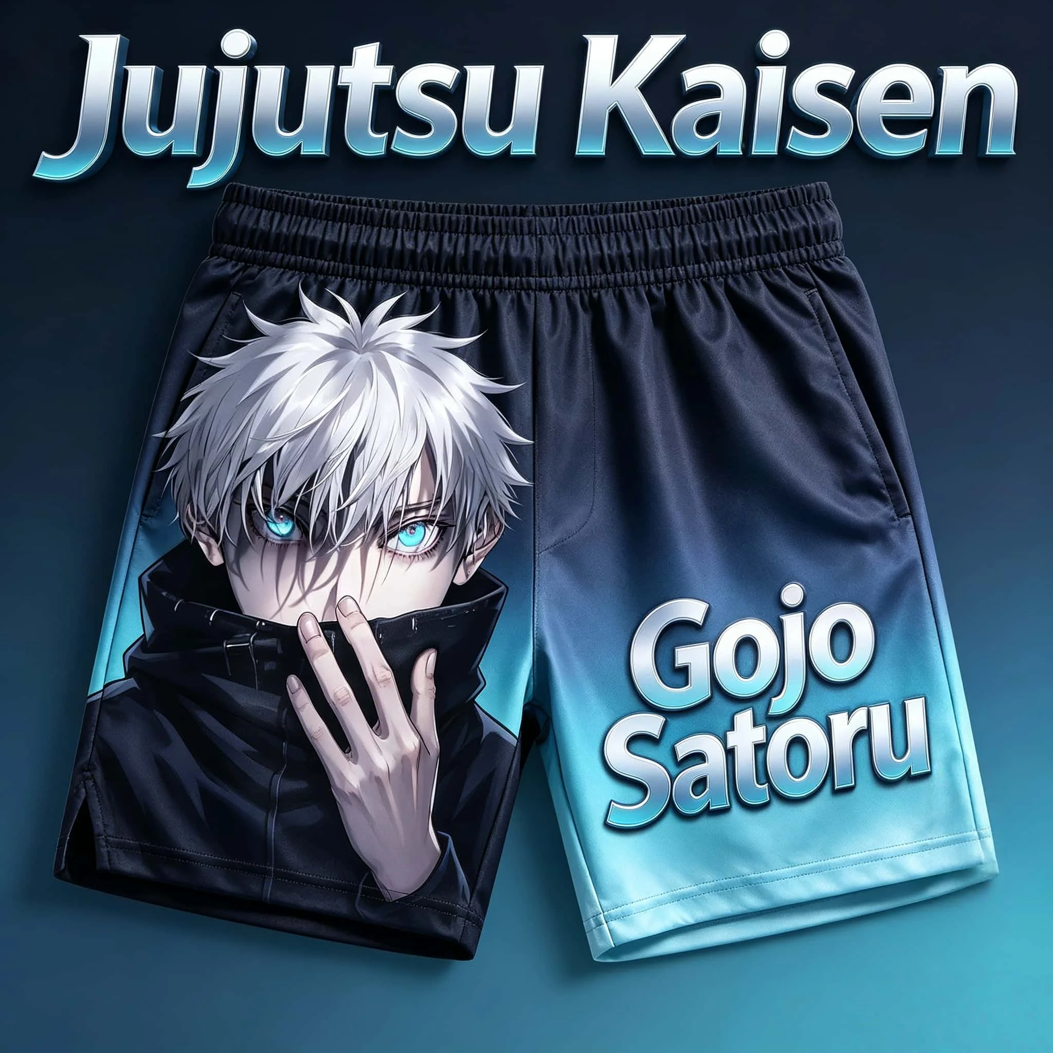 2026 Summer Jujutsu Kaisen Gojo Satoru Full Print Quick Dry Sports Shorts, Gradient Blue Anime Character Graphic  Shorts