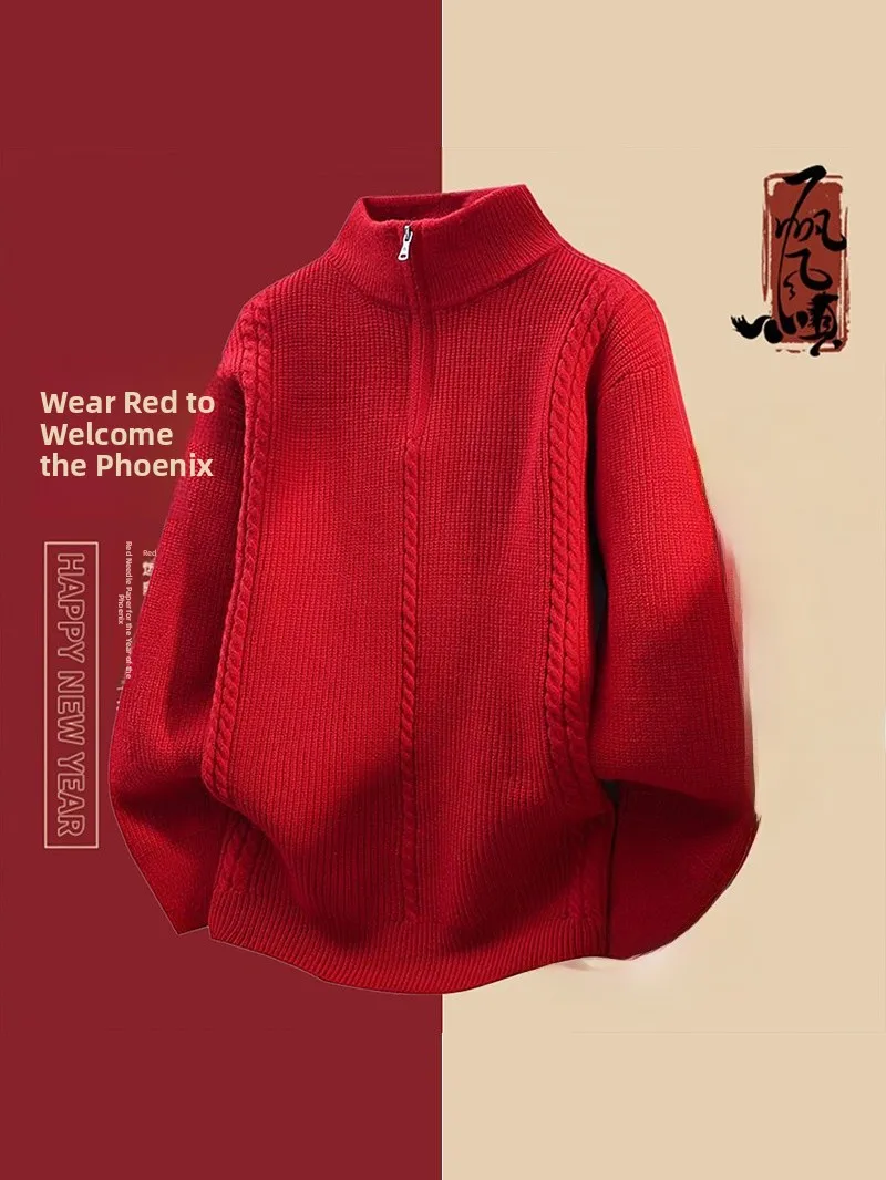 

Новогодний красный мужской вязаный свитер с высоким воротником на молнии, теплый, повседневный, модный, свободного кроя, с длинными рукавами, удобный, мягкий, из полиэстера