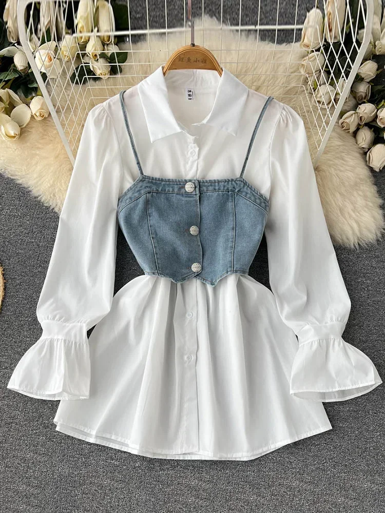 Spring Autumn Cowboy Waistcoat Shirt Dress Female Elegant Flare Sleeve White Shirt Dress Waistcoat Women\'s Two-piece Set GD780