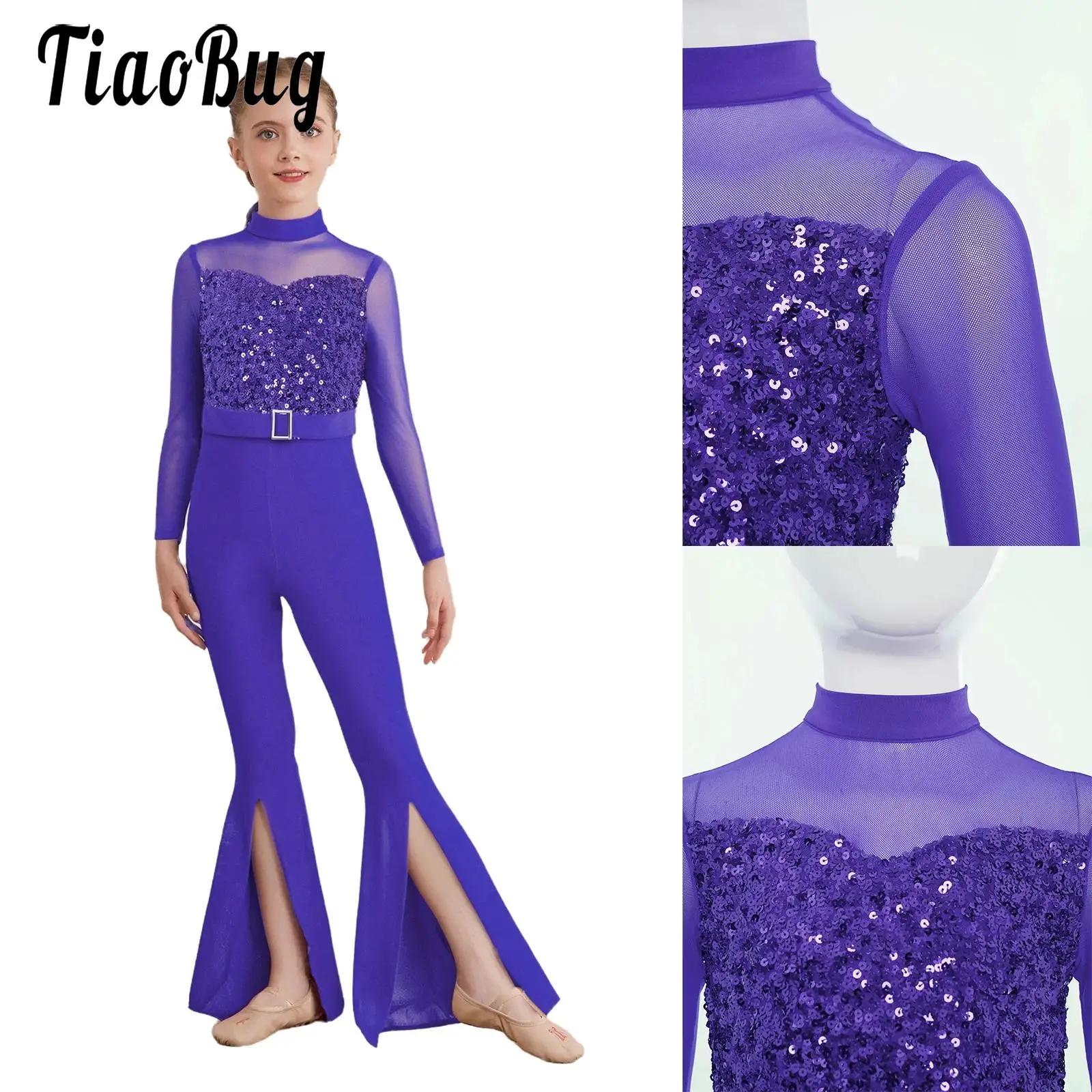 Kids Girls Jazz Figure Skating Dance Costumes Jumpsuit Gymnastics Long Sleeve Sheer Mesh Leotards Patchwork Sequined Jumpsuits