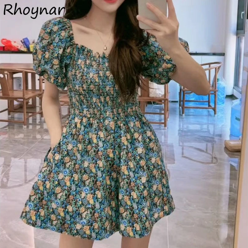 Rompers Women Floral Pleated Puff Sleeves Design Unique Korean Fashion Ins All-match Casual Off-shoulder Sweet Cute Girls Summer