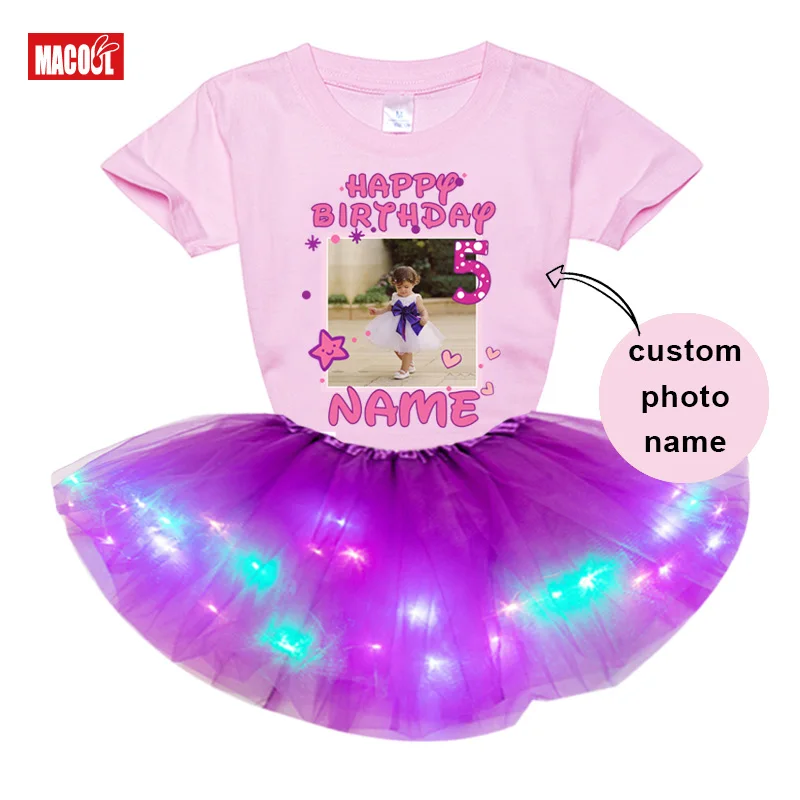 

Birthday Princess Tutu Outfit Girl T Shirt Custom Photo Shirt Dress Sets Gift Personalized Name Party Light Dress Shirt Children