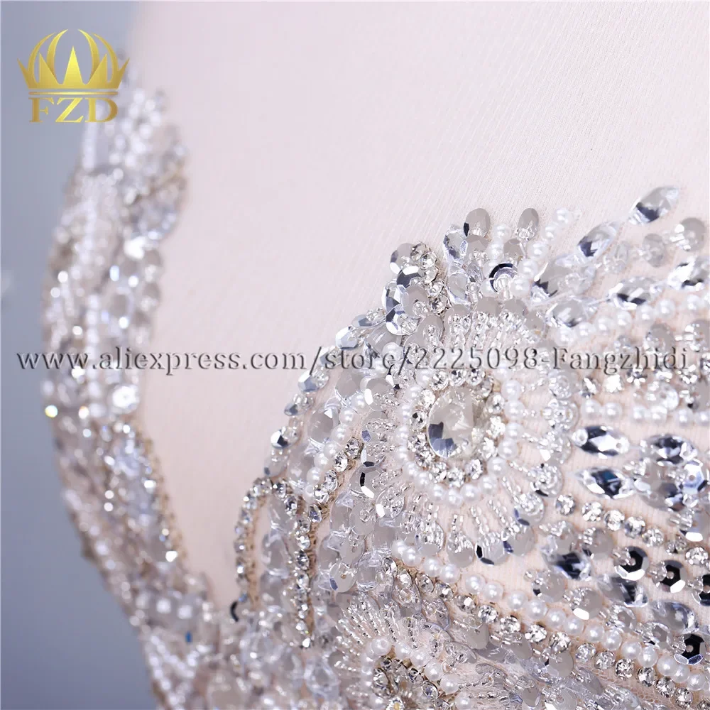 FANGZHIDI 1 set Pure handmade sew on Rhinestones applique silver crystals patches for Dress front and back Beads Feather Apparel