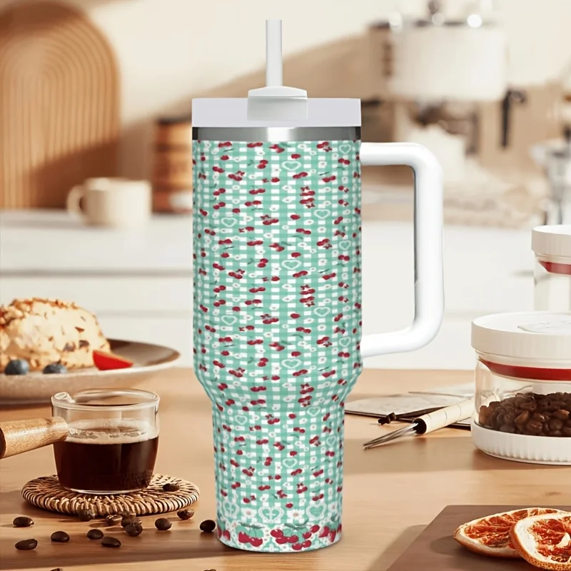 40oz Handheld Stainless Steel Tumbler, Mint Green Ditsy Red Floral All Over Print Double Wall Insulated Mug for Outdoor Sports& Car Use