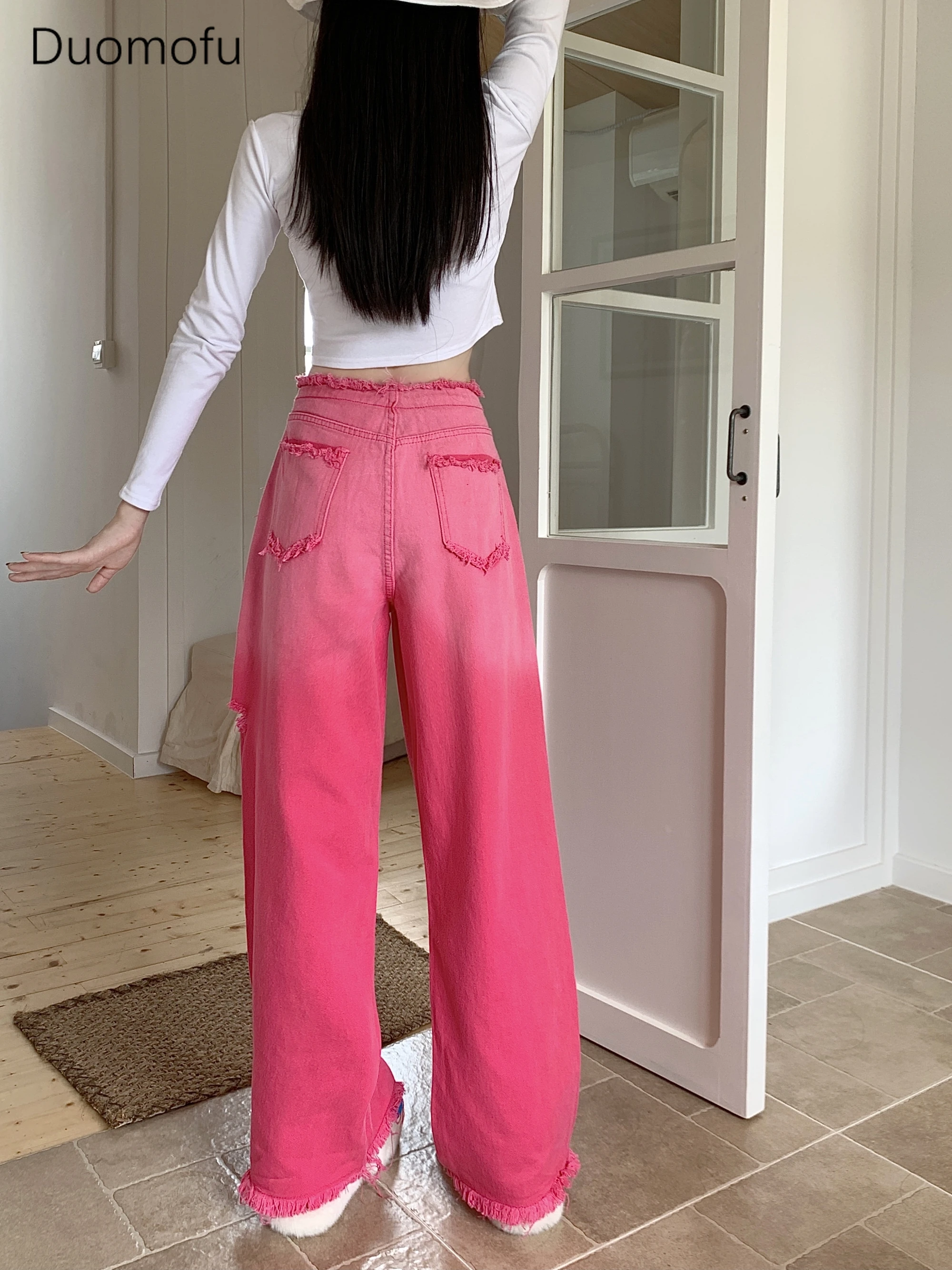 Duomofu Pink Gradient Chicly Hollow Out Loose Women Jeans New Fashion Drawstring Simple Casual High Waist Slim S-XL Female Jeans