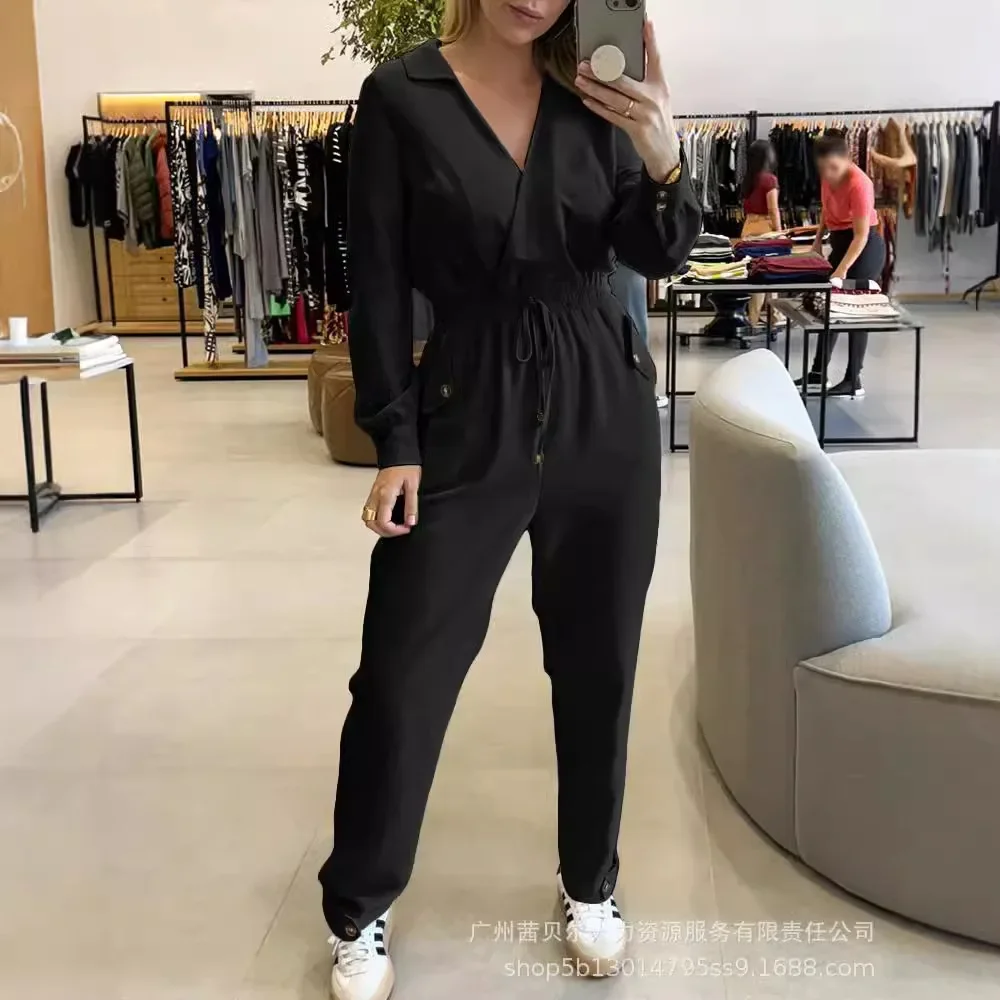 Women Autumn Winter Lapel V-neck Collar Shirred Drawstring Waist Jumpsuit Overall Pants