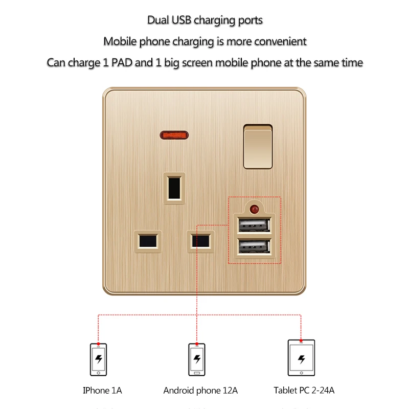 ELEGAN C85 Serie EU/UK/UN USB 250V Deluxe oro spazzolato pannello PC interruttore a parete presa ad alta potenza 45A scaldabagno 16A lampada On/Off