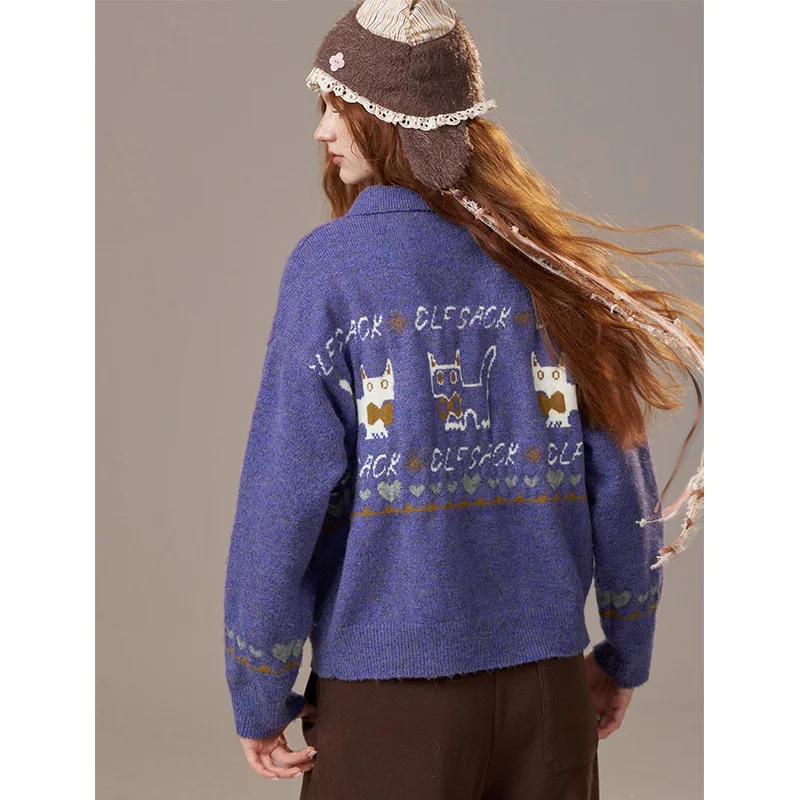 ELFSACK 2025 Jesień Nowości Uroczy Sweter Rozpinany z Dzianiny z Akcentami Kolorystycznymi, Dekolt w Serek, Luźny Krój dla Kobiet