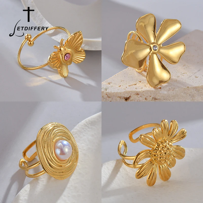 Letdiffery, anillos de flores doradas a la moda para mujer, anillos ajustables de mariposa con perlas geométricas irregulares de acero inoxidable, joyería