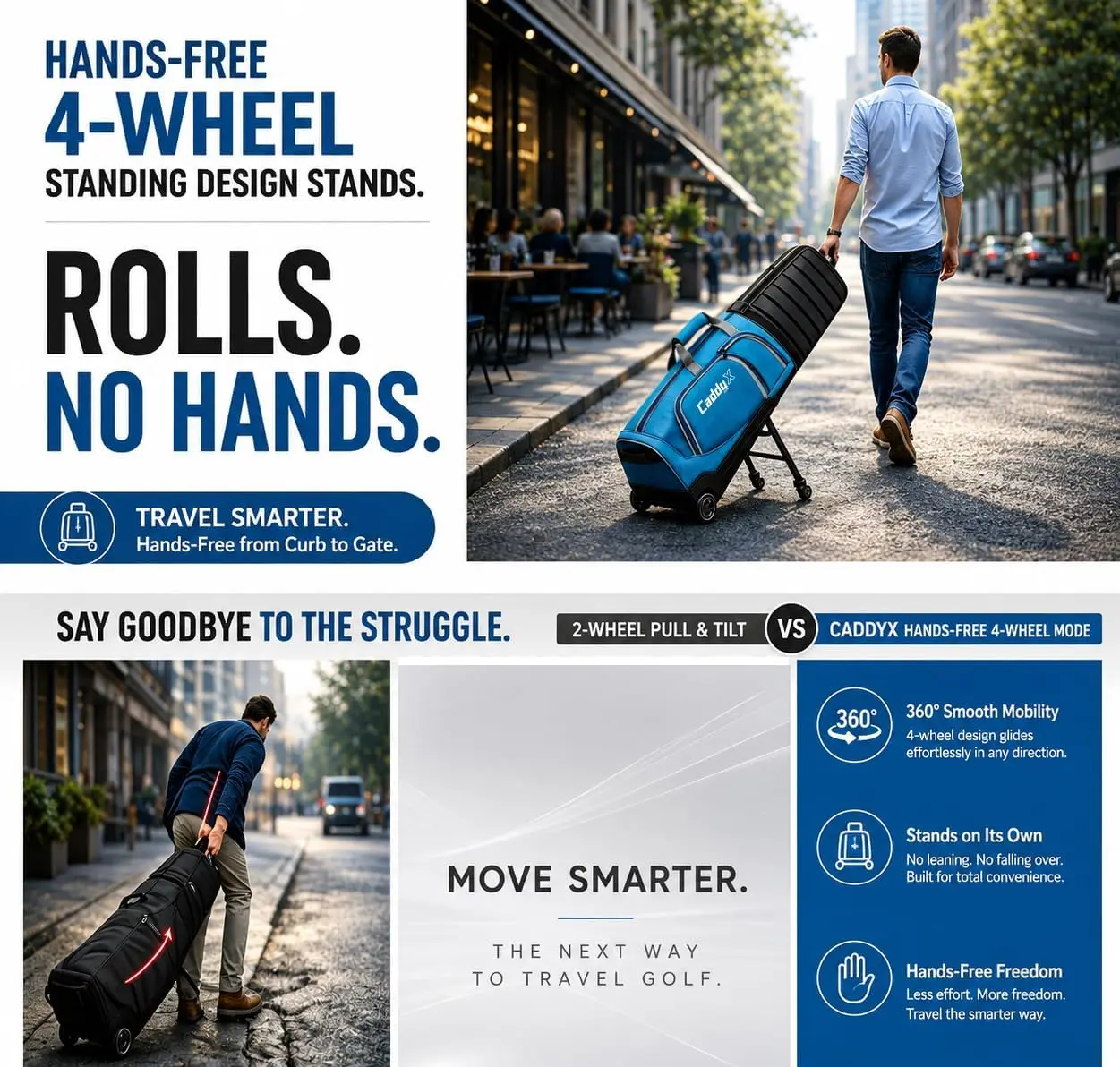 Premium Airline Golf Travel Bag Featuring 4-Wheel Hands-Free Rolling and 2-Wheel Pull Mode, Reinforced Hard Base, and Enhanced Club Head Protection