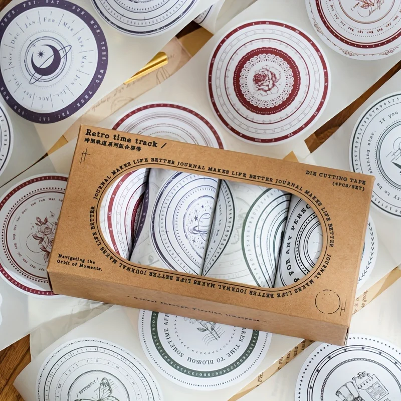 4Volume/Box 8cm×200cm Time Track Series Die-Cut Tape  VintageDIYHand Account Decoration Material，Exquisite Book Collage with Cro