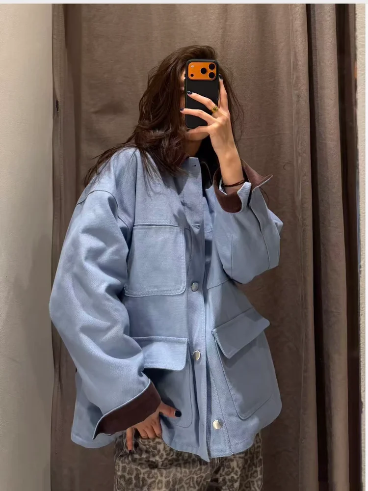 

Весна 2026: Повседневная свободная куртка оверсайз с воротником-пэчворк из хлопка, женская верхняя одежда с длинными рукавами, стандартной длины, на пуговицах