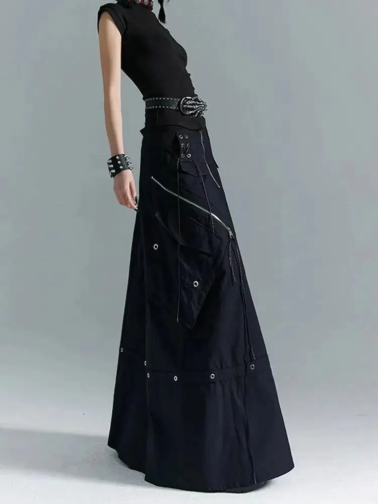 2025 New Gothic Y2K Cargo Denim Long Skirt Women Harajuku Vintage Black Bandage Jeans Skirts Aesthetic High Waist A Line Skirts