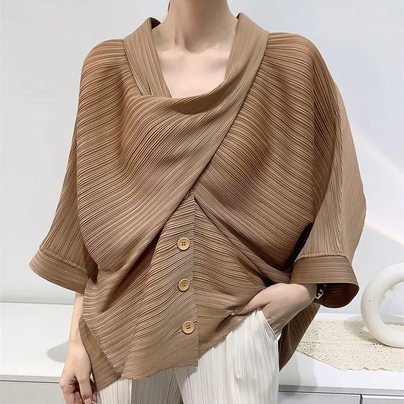 Miyake Pleated Irregular Lantern Sleeve Shirt 2023 Autumn Women Designer Korean Fashion Loose Scarf Collar Pullover T-shirt Tops