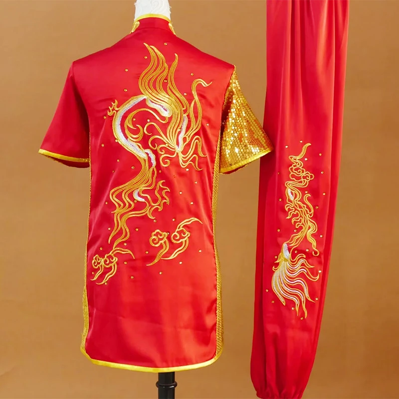 Changquan Dragon Embroidered Wushu Uniform Performance Suit Men Women Kids Routine Sword Stage Costume Red Dragon Phoenix Custom