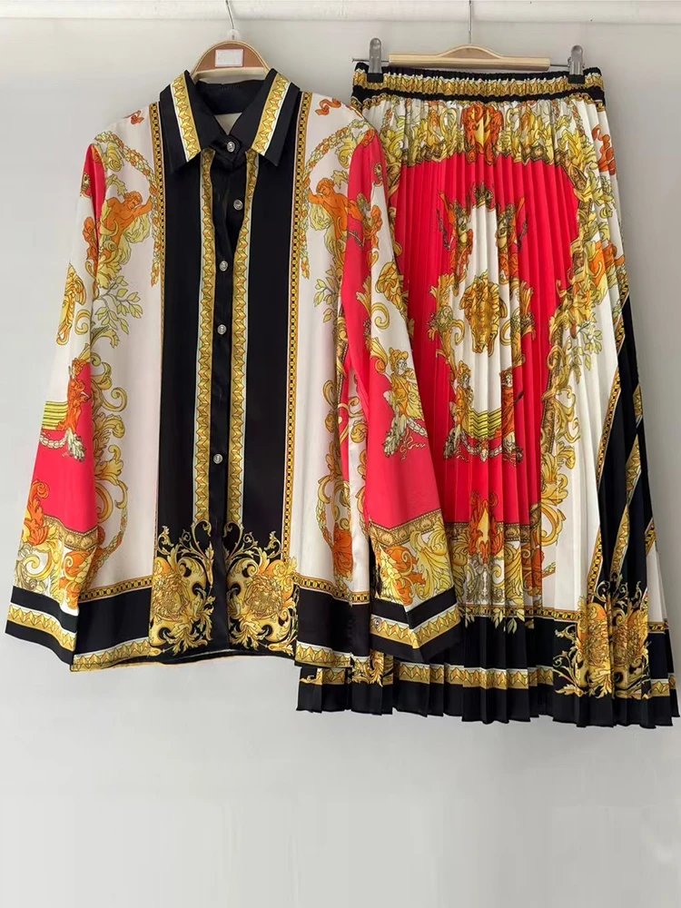 

Temperament printed lapel single-breasted shirt Spring/Summer 2025 new women's suit+high waist and big skirt two-piece suit