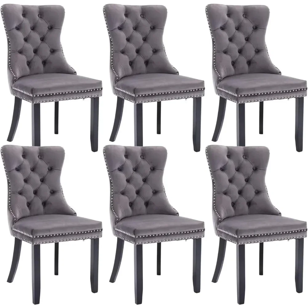 Dining Chairs Set of 6, Velvet Upholstered Dining Chairs with Nailhead Back and Ring Pull Trim, Solid Wood Dining Chairs